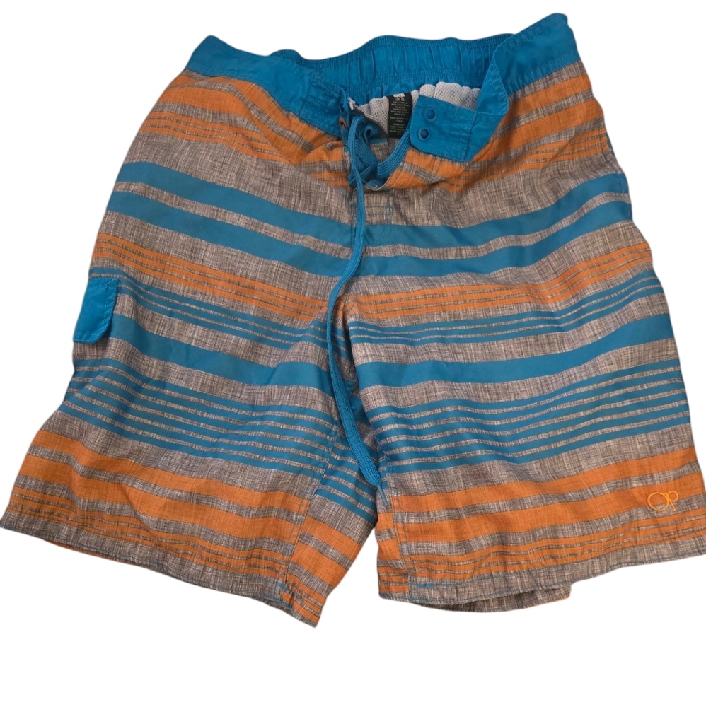 Men's Striped Swim OP Shorts - Blue and Orange - Large 36/38